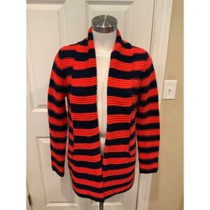 BCBG Max Azria Red & Navy Blue Striped Open Front Cardigan W/ Pockets, Size L
